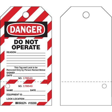 Danger Tag, Cardstock, 5 3/4 in H x 3 in W, Red/Black on White, Rectangle, 25 PK MPN:WKT3