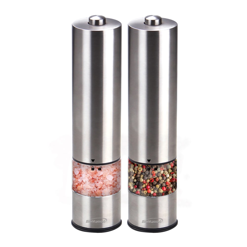 Brentwood Electric LED Salt And Pepper Adjustable Ceramic Grinders, 6 Oz, Silver, Set Of 2 Grinders MPN:SG-2321S