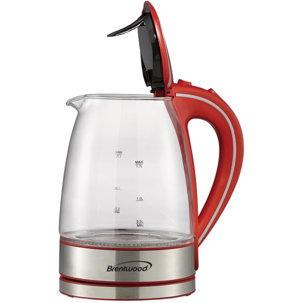 Brentwood KT-1900R 1.7L Cordless Glass Electric Kettle, Red - 1100 W - 1.80 quart - Red, Silver MPN:KT-1900R