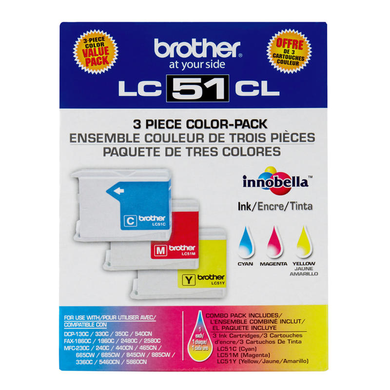 Brother LC51 Cyan, Magenta, Yellow Ink Cartridges, Pack Of 3, LC513PKS MPN:LC513PKS