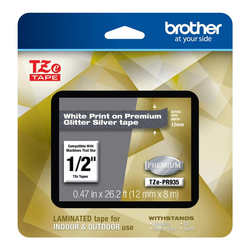Brother TZe Premium Glitter Laminated Tape, 1/2in x 26-3/16ft, White Ink/Silver Tape MPN:TZEPR935