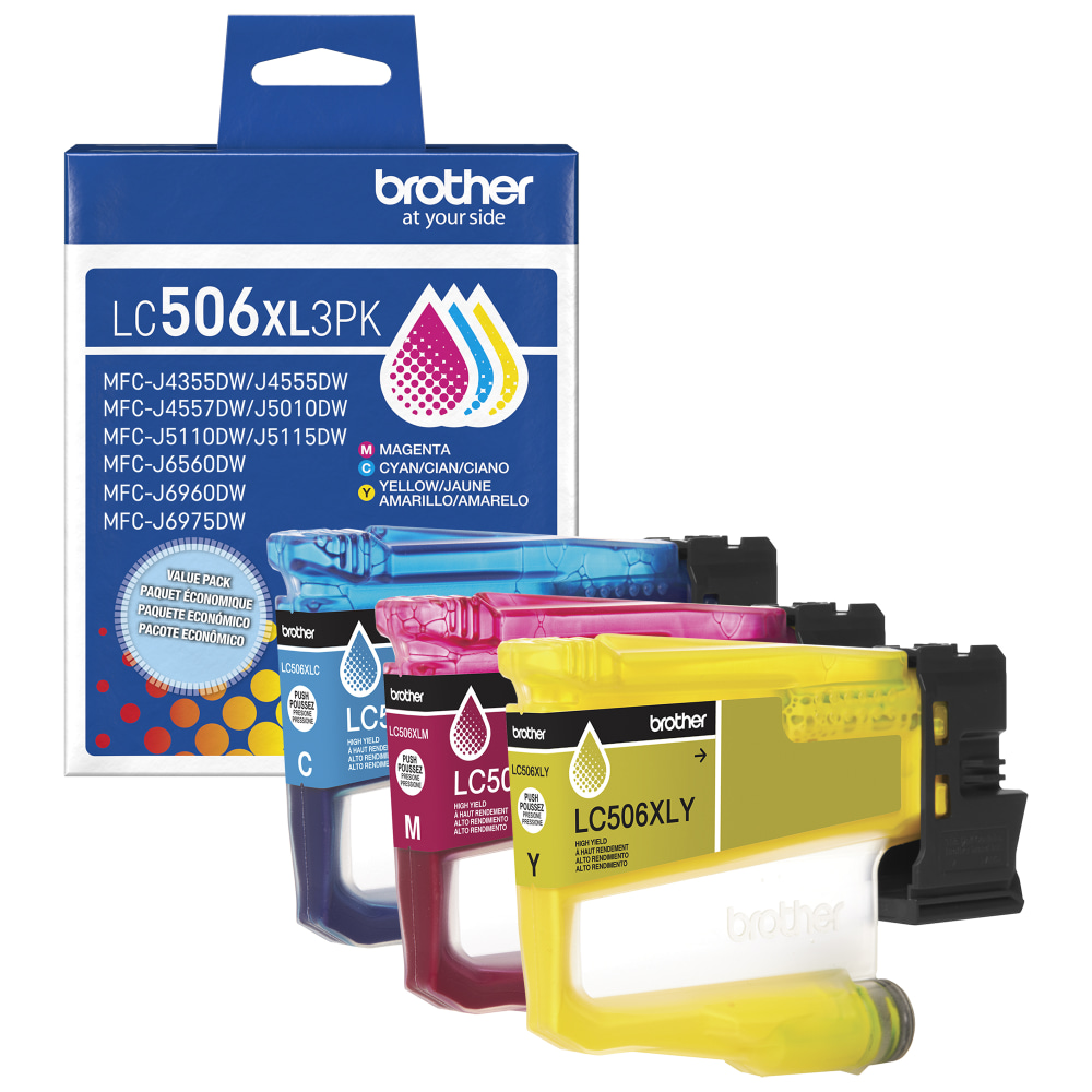 Brother LC506XL3PK Cyan, Magenta, and Yellow High Yield Ink Cartridges, 3-Pack MPN:LC506XL3PKS