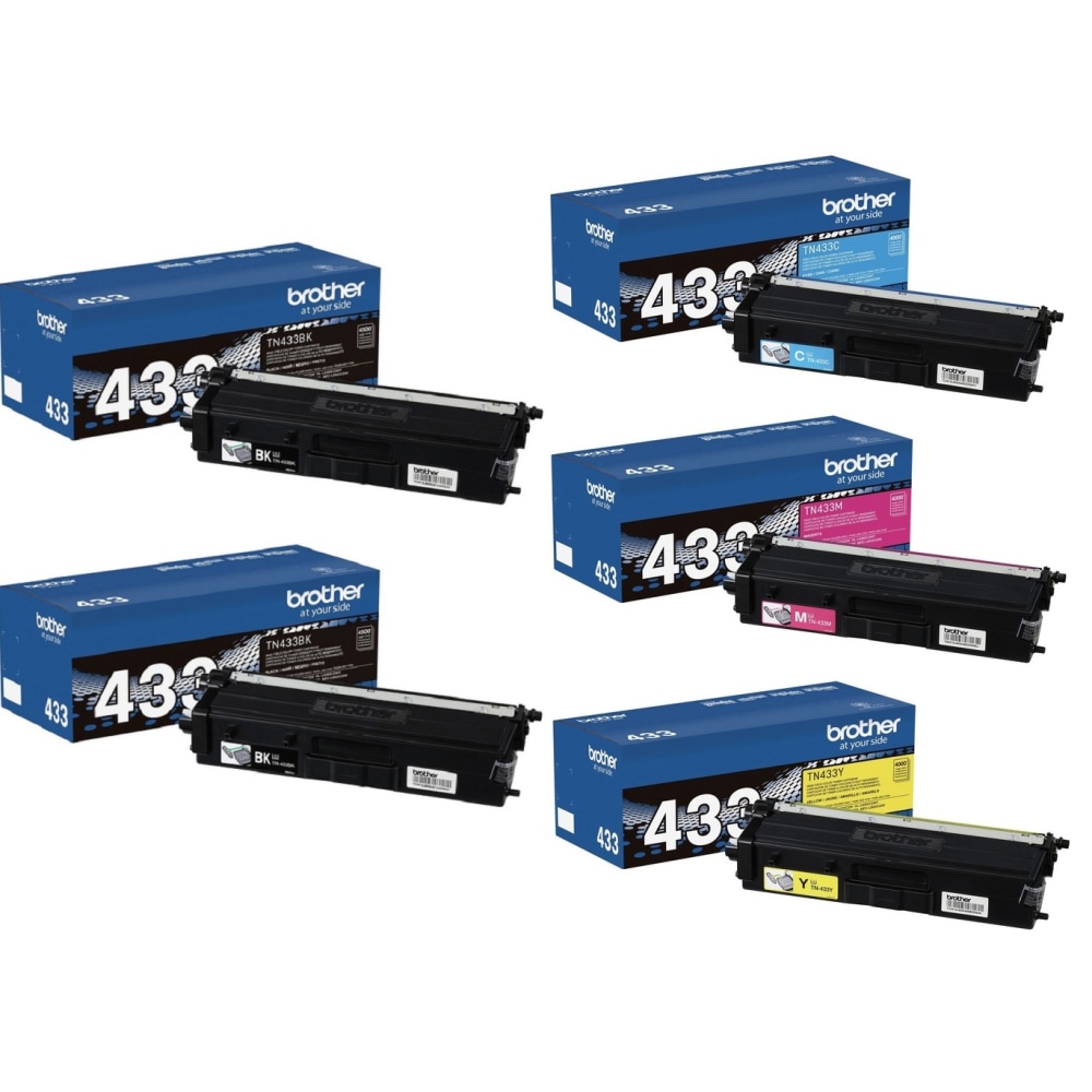 Brother TN433 Black; Cyan; Magenta; Yellow High Yield Toner Cartridges, Pack Of 5, TN433KKCMY-OD MPN:TN433KKCMY-OD
