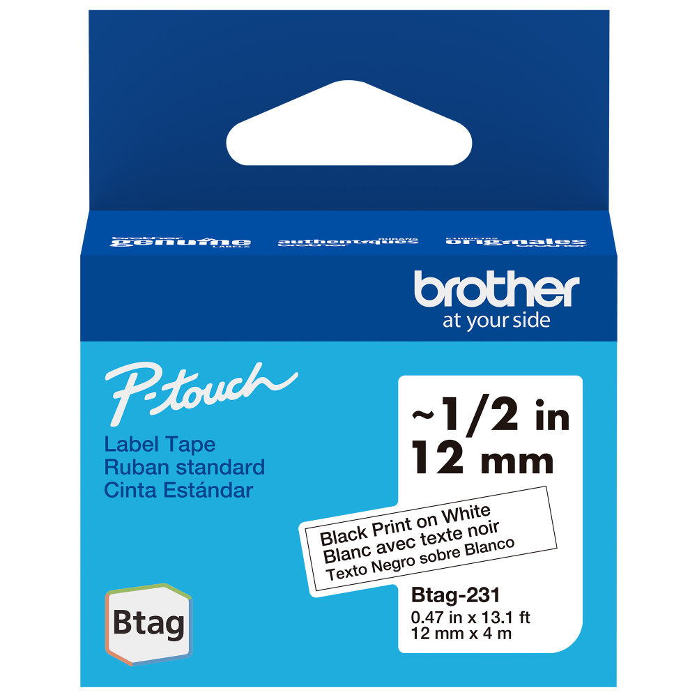 Brother P-touch Btag Black on White Label Tape (BTAG231), ~1/2 in x 13.1 ft (12 mm x 4 m) MPN:BTAG231