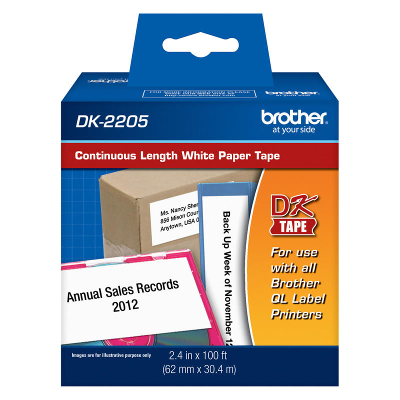 Brother DK-2205 Continuous-Feed Paper Roll Permanent Address Labels, Black On White, 2 7/16in x 100ft (Min Order Qty 3) MPN:DK2205