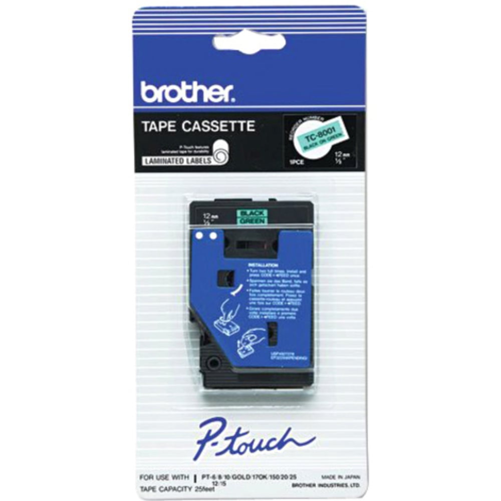 Brother P-Touch Tape Roll, Black on Green, 10936397 MPN:TC8001