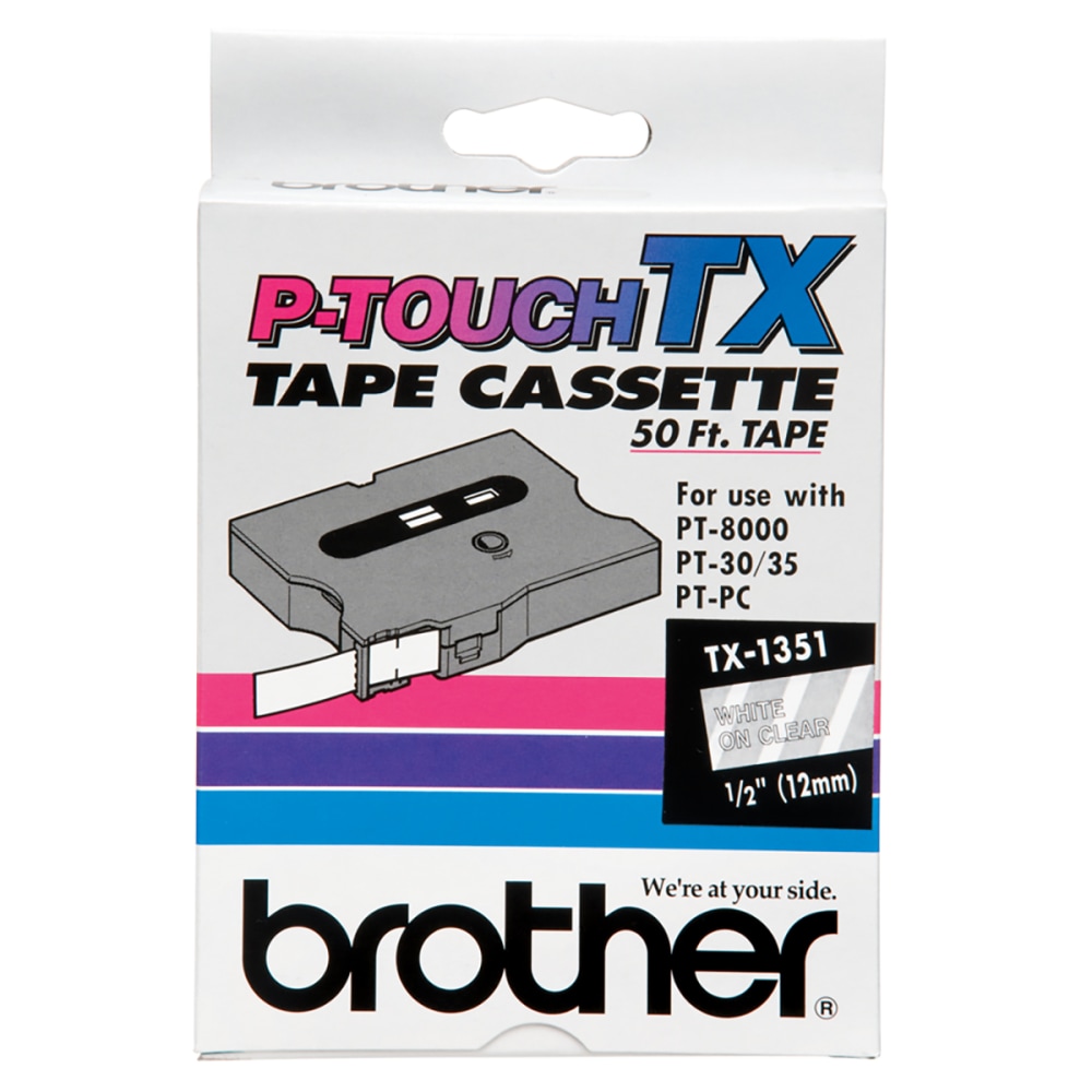 Brother TX-1351 White-On-Clear Tape, 0.5in x 50ft MPN:TX1351