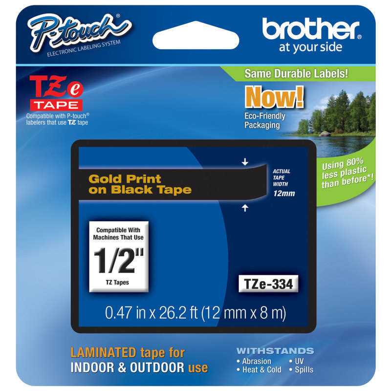 Brother TZE334 Label Tape, 1/2in, Black/Gold MPN:TZE-334