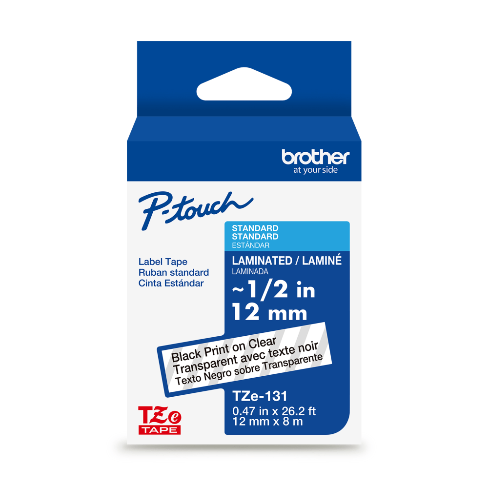 Brother P-touch TZe131, Laminated, ~1/2 in (12mm) x 26.2ft (8m), Black on Clear Label Tape MPN:TZE131G