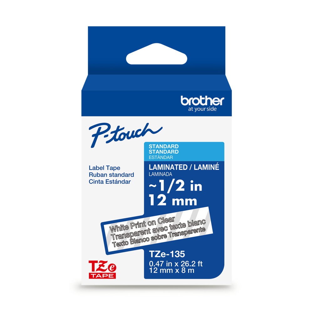 Brother P-touch TZe135, Laminated, 1/2in x 26.2 ft (12mm x 8m), White on Clear Label Tape MPN:TZE135G