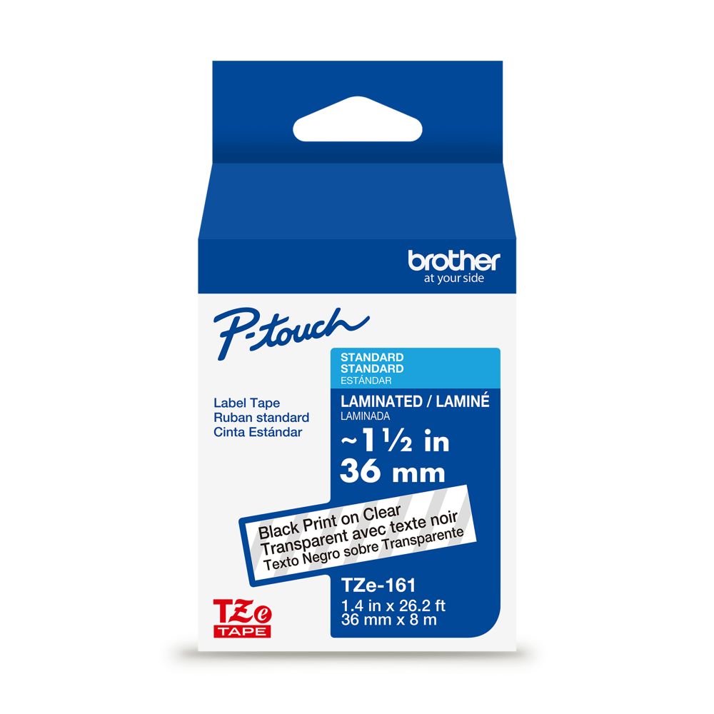 Brother P-Touch TZe161, Laminated, ~1-1/2in x 26.2ft (36mm x 8m), Black on Clear Label Tape MPN:TZE161G