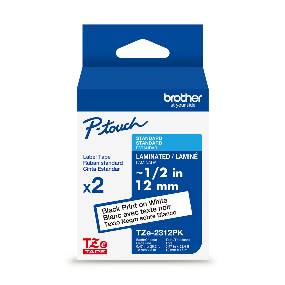 Brother P-touch TZe2312PK, Laminated, 2 X 0.47 in x 26.2 ft (12mm x 8m), Black on White Label Tape, 2 pack MPN:TZE2312PKG