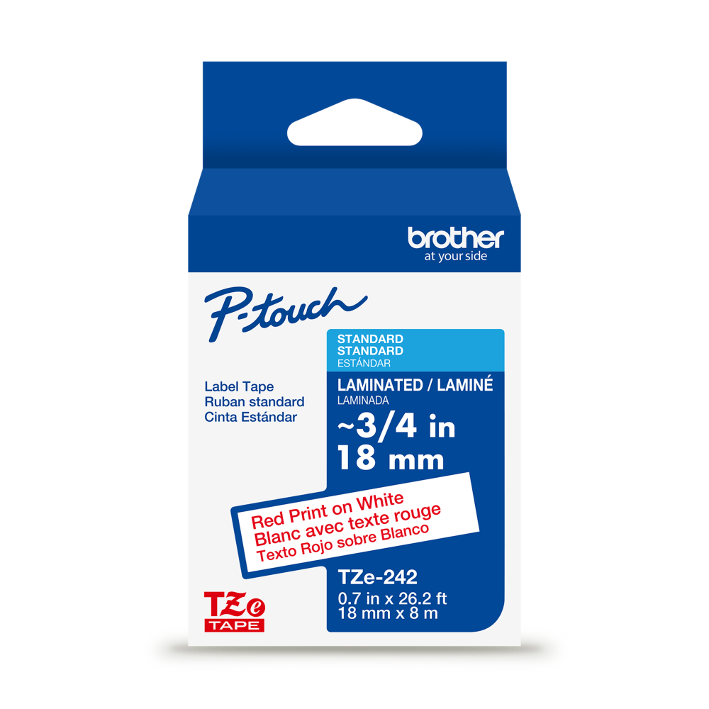 Brother P-touch TZe242, Laminated, 3/4in x 26.2 ft (18mm x 8m), Red on White Label Tape MPN:TZE242G