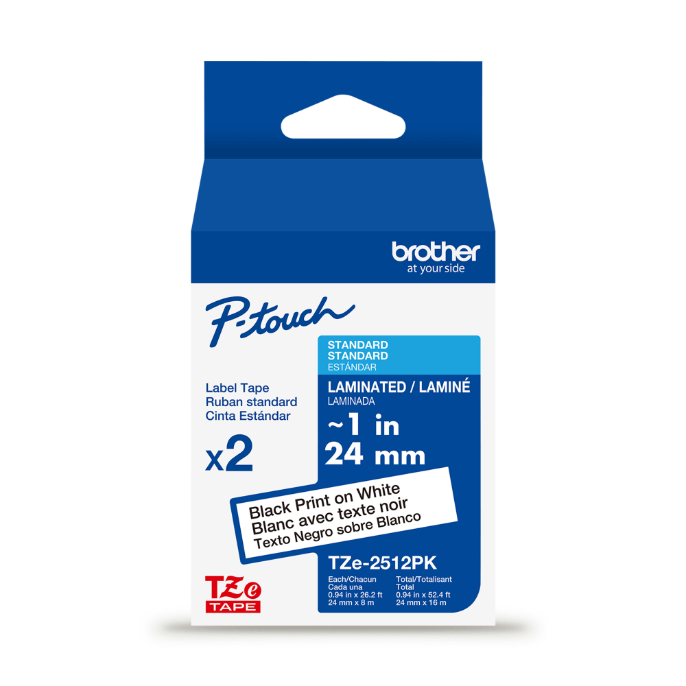 Brother P-touch TZe2512PK, Laminated, ~1in x 26.2 ft (24mm x 8m), Black on White Label Tape MPN:TZE2512PKG