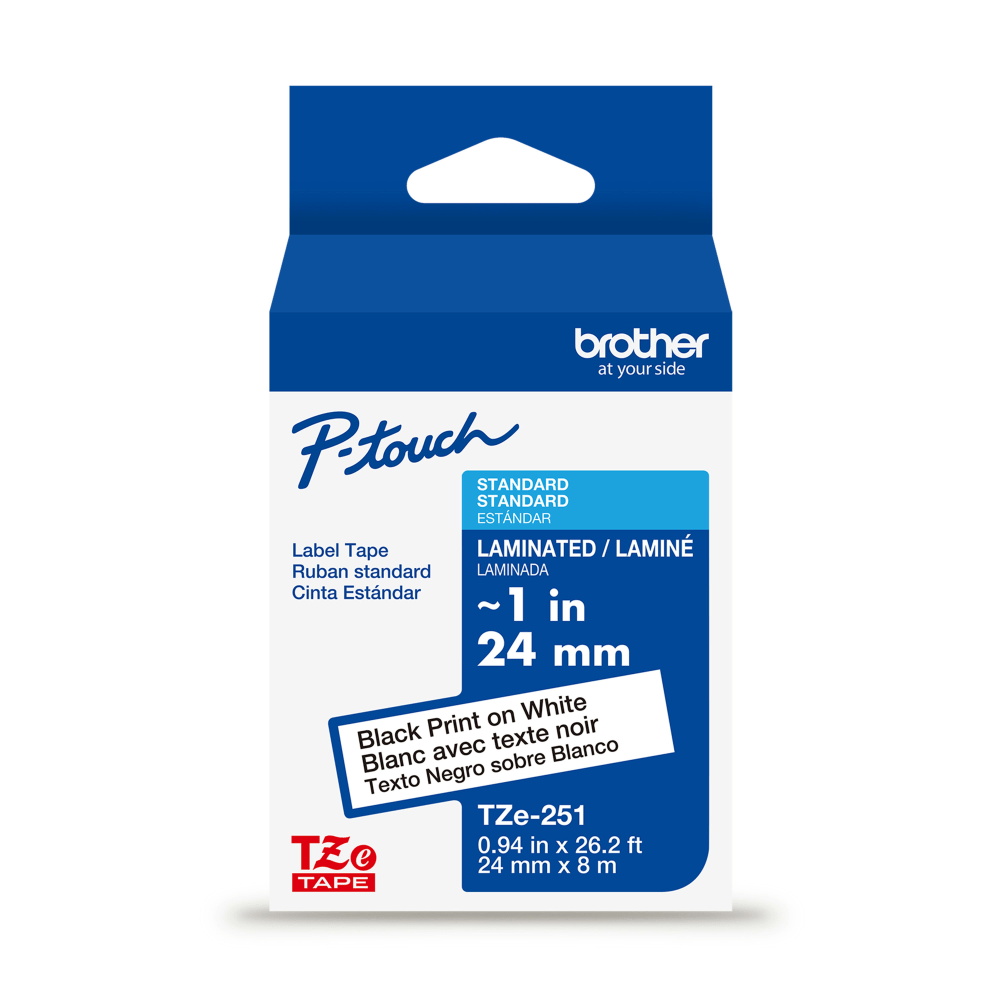 Brother P-touch TZe251, Laminated, ~1 in x 26.2 ft (24mm x 8m), Black on White Label Tape MPN:TZE251G