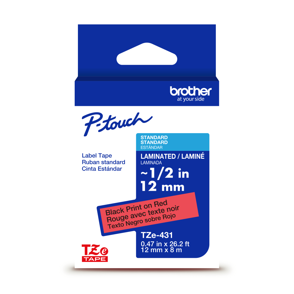 Brother P-Touch TZe431, Laminated, ~1/2in x 26.2ft (12mm x 8m), Black on Red Label Tape MPN:TZE431G