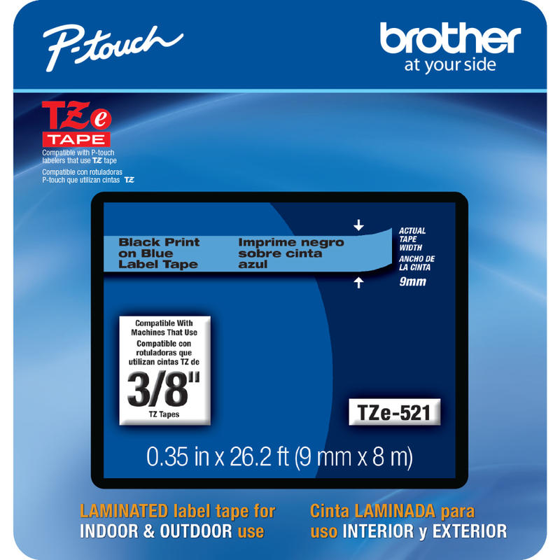 Brother TZE521CS Genuine P-Touch Laminated Label Tape, 3/8in x 26-1/4ft, Blue/Black MPN:TZE521CS