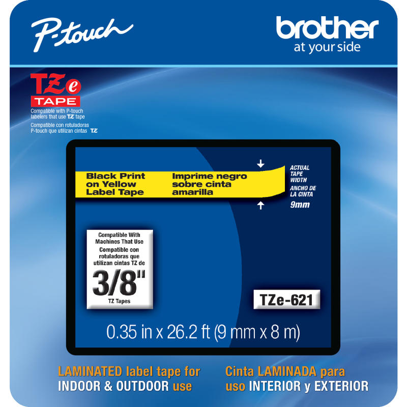 Brother TZE621CS Genuine P-Touch Laminated Label Tape, 3/8in x 26-1/4ft, Yellow/Black MPN:TZE621CS