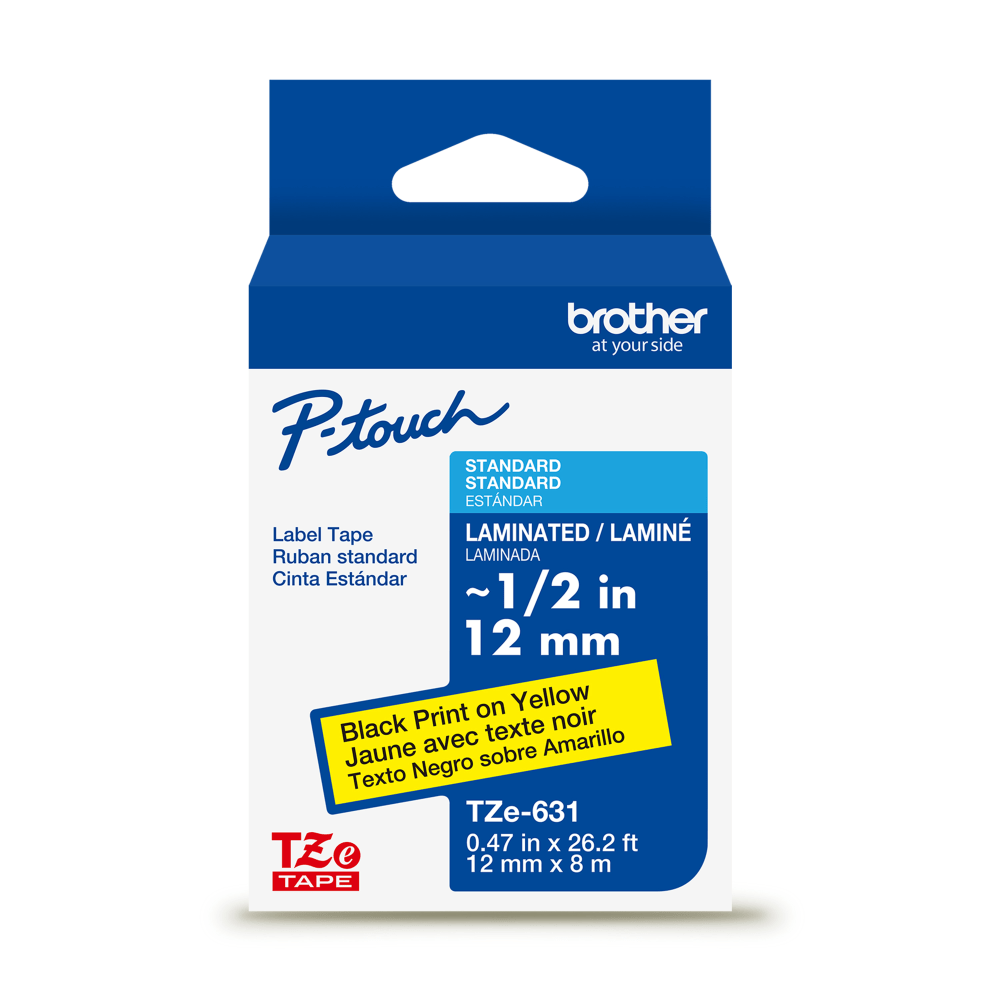 Brother P-touch TZe631, Laminated, 1/2in x 26.2 ft (12mm x 8m), Black on Yellow Label Tape MPN:TZE631G