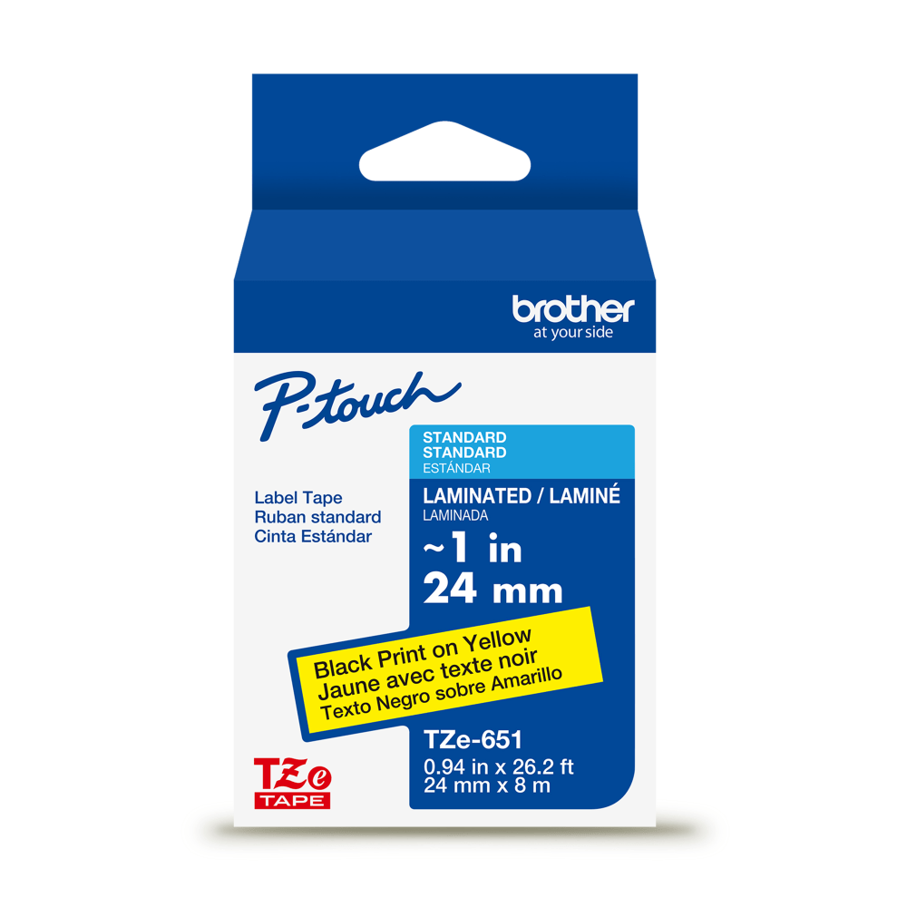 Brother P-touch TZe651, Laminated, 1in x 26.2 ft (24mm x 8m), Black on Yellow Label Tape MPN:TZE651G