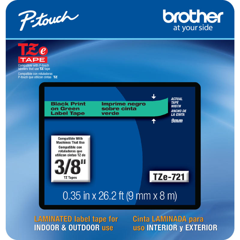 Brother TZE721CS Genuine P-Touch Laminated Label Tape, 3/8in x 26-1/4ft, Black/Green MPN:TZE721CS