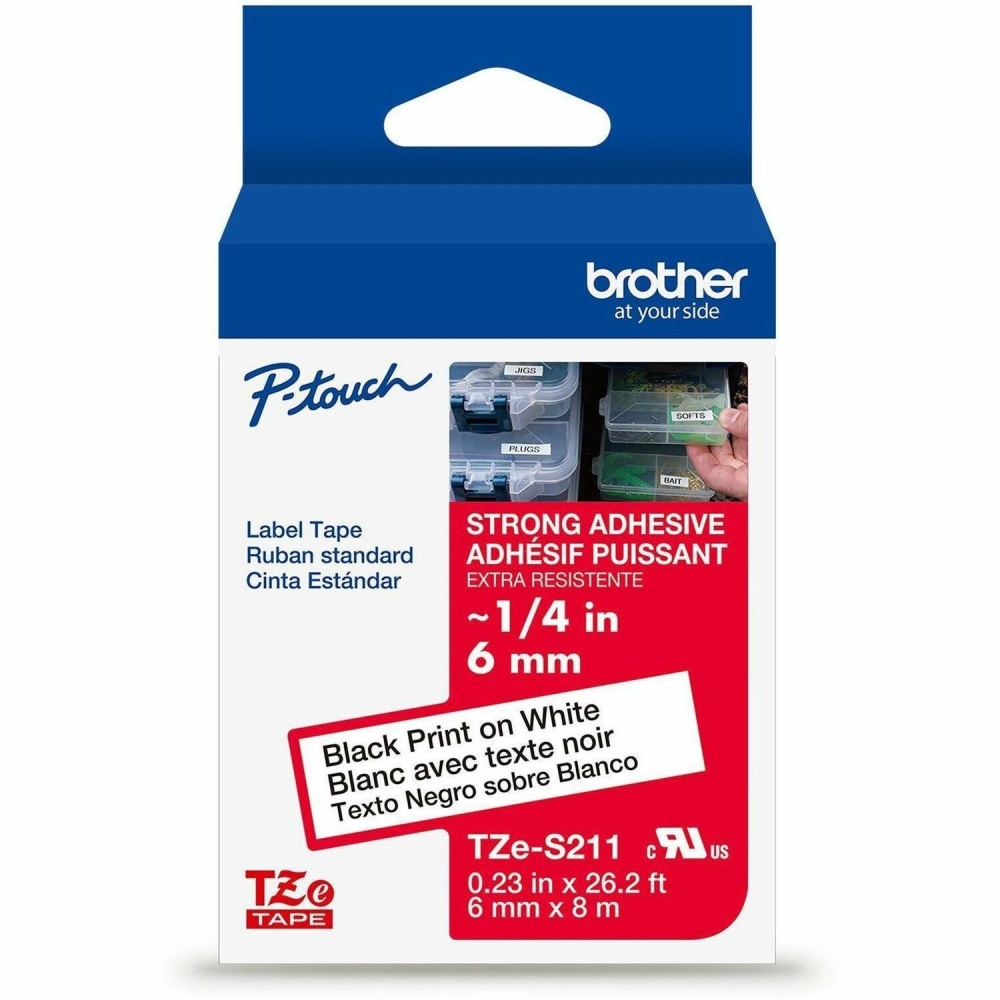 Brother P-Touch TzeS211, Strong Adhesive Laminated, ~1/4in x 26.2ft (6mm x 8m), Black on White Label Tape MPN:TZES211G
