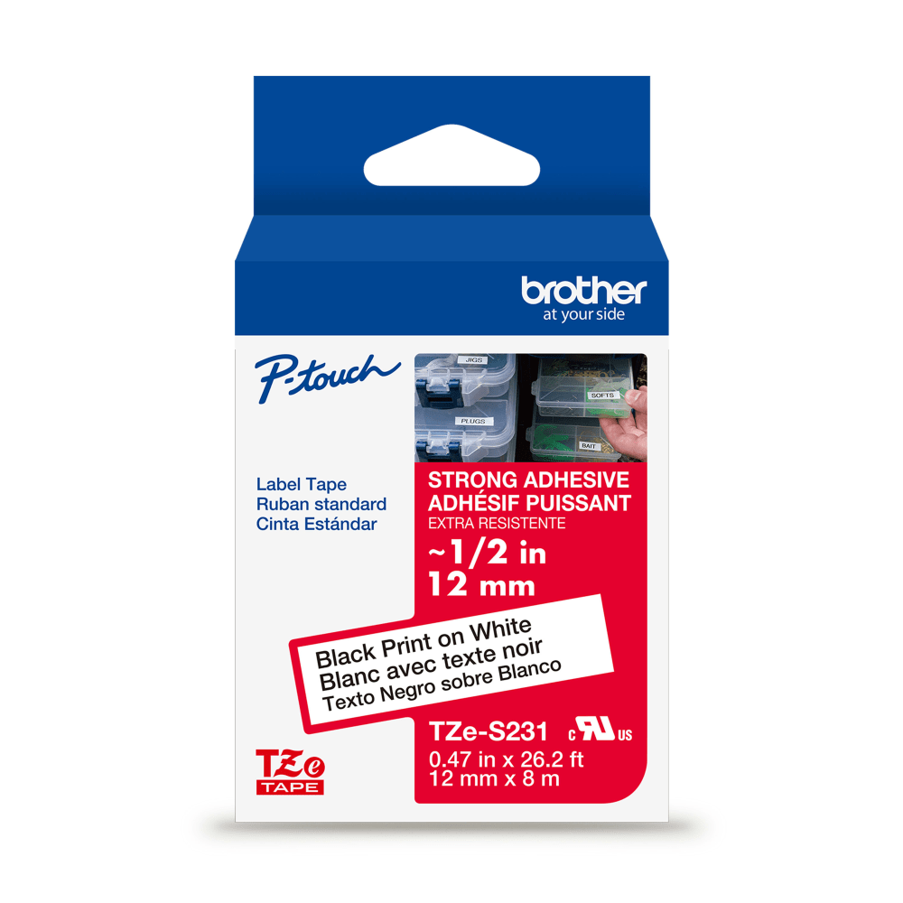 Brother P-touch TZeS231, Strong Adhesive, Laminated, 0.47 in x 26.2 ft (12mm x 8m), Black on White Label Tape MPN:TZES231G