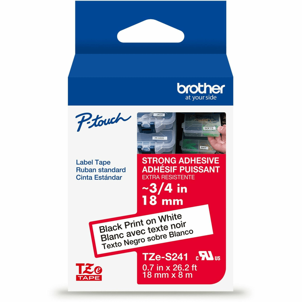 Brother P-Touch TZeS241, Strong Adhesive, Laminated, 0.7 in x 26.2 ft (18mm x 8m), Black on White Label Tape MPN:TZES241G