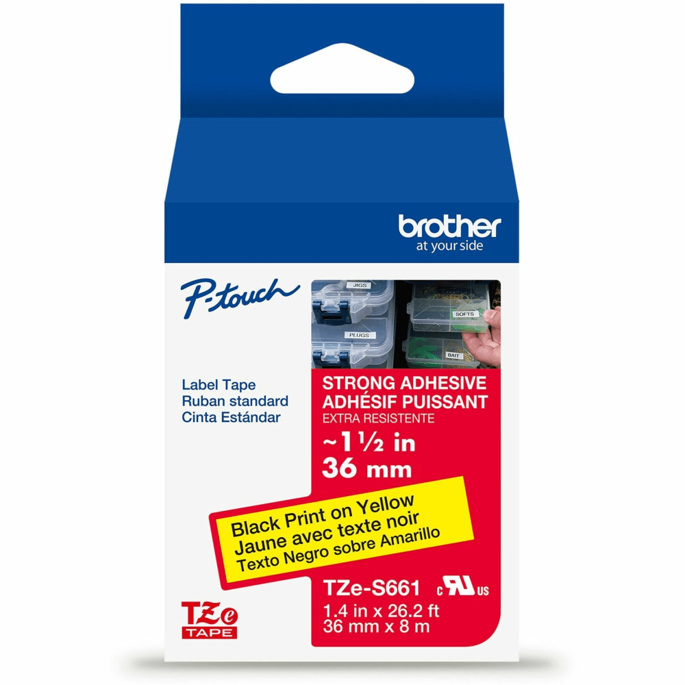 Brother P-Touch TzeS661, Strong Adhesive Laminated, ~1-1/2in x 26.2ft (36mm x 8m), Black on Yellow Label Tape MPN:TZES661G