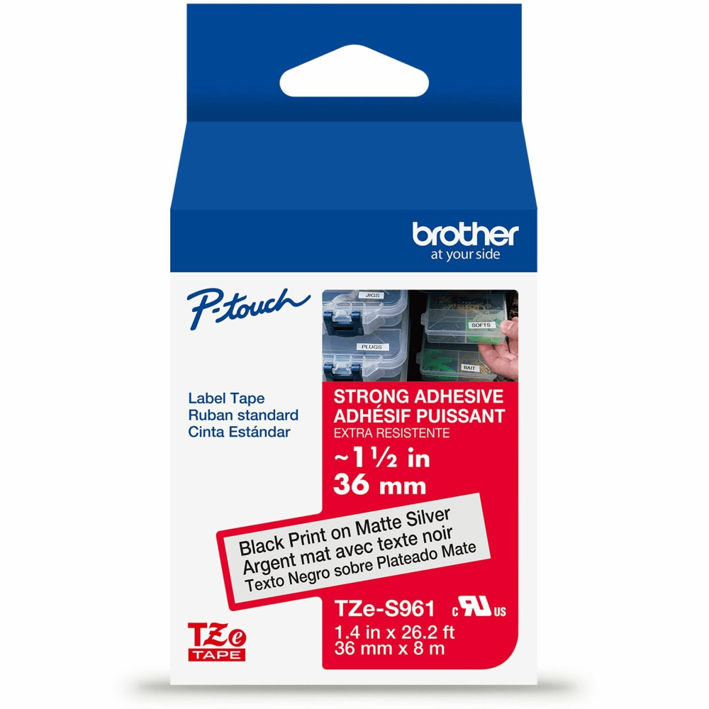 Brother P-Touch TzeS961, Strong Adhesive Laminated, ~1-1/2in x 26.2ft (36mm x 8m), Black on Matte Silver Label Tape MPN:TZES961G