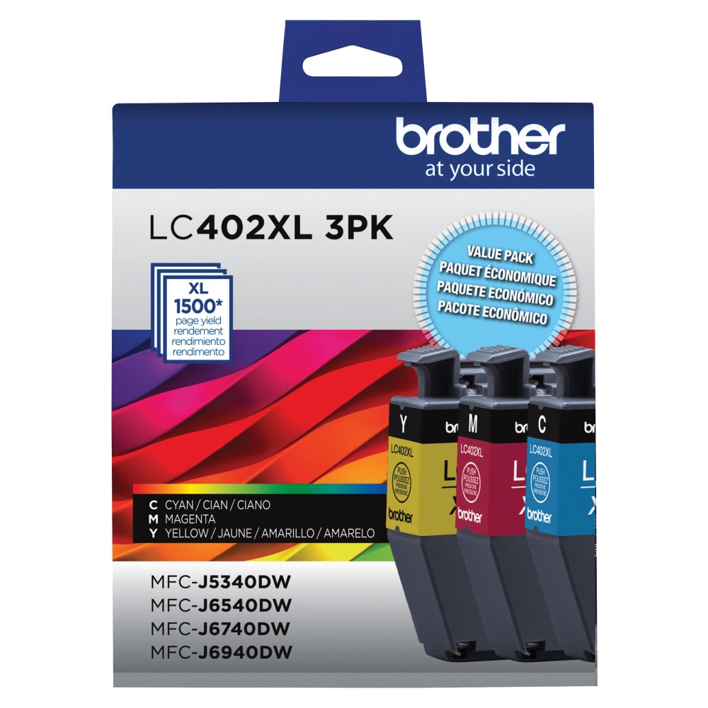 Brother LC402XL Cyan; Magenta; Yellow High-Yield Ink Cartridges, Pack Of 3, LC402XL 3PK MPN:LC402XL3PKS