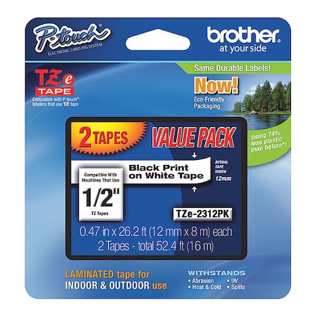 Continuous Label Roll Cartridge, 1/2 in Label W, 26 13/64 ft Roll L, Black on White, Pk2 MPN:TZE2312PKG