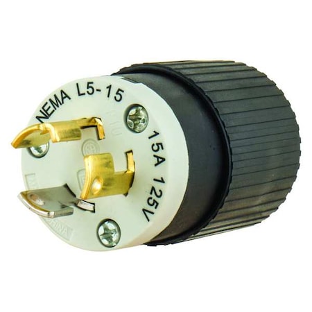Locking Plug, L5-15P, 15 A, 125V AC, Single Phase, 2 Pole, Screw Terminals, Black, White MPN:4721NP