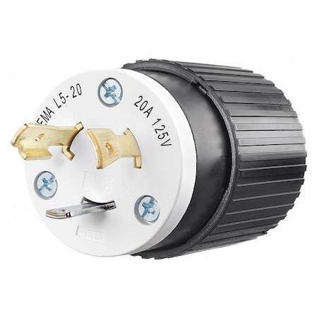 Locking Plug, L5-20P, 20 A, 125V AC, Single Phase, 2 Pole, Screw Terminals, Black, White MPN:70520NP