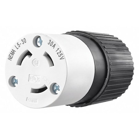 Locking Connector, L5-30R, 30 A, 125V AC, Single Phase, 2 Pole, Screw Terminals, Black, White MPN:70530NC