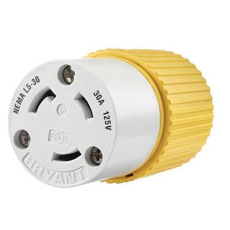 Locking Connector, L5-30R, 30 A, 125V AC, Single Phase, 2 Pole, Screw Terminals, White, Yellow MPN:70530NCCR