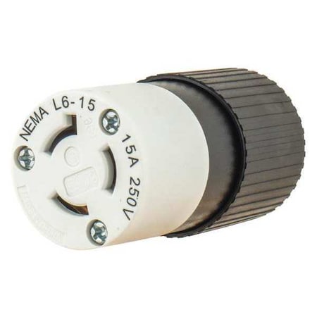 Locking Connector, L6-15R, 15 A, 250V AC, Single Phase, 2 Pole, Screw Terminals, Black, White MPN:70615NC