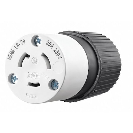 Locking Connector, L6-20R, 20 A, 250V AC, Single Phase, 2 Pole, Screw Terminals, Black, White MPN:70620NC