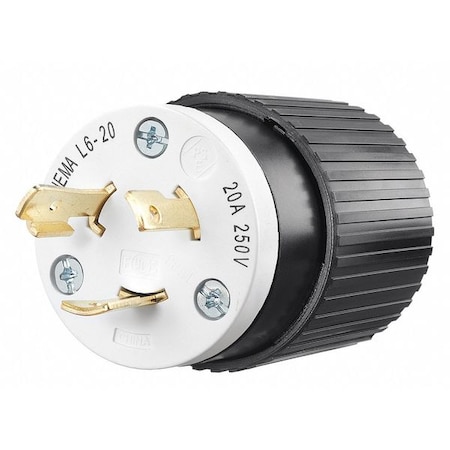 Locking Plug, L6-20P, 20 A, 250V AC, Single Phase, 2 Pole, Screw Terminals, Black, White MPN:70620NP