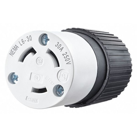 Locking Connector, L6-30R, 30 A, 250V AC, Single Phase, 2 Pole, Screw Terminals, Black, White MPN:70630NC