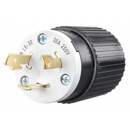 Locking Plug, L6-30P, 30 A, 250V AC, Single Phase, 2 Pole, Screw Terminals, Black, White MPN:70630NP