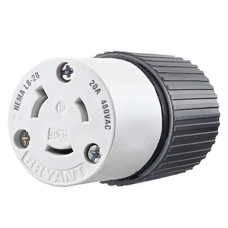 Locking Connector, L8-20R, 20 A, 480V AC, Single Phase, 2 Pole, Screw Terminals, Black, White MPN:70820NC
