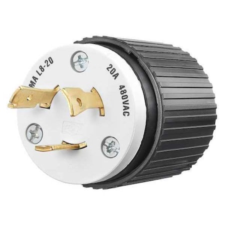 Locking Plug, L8-20P, 20 A, 480V AC, Single Phase, 2 Pole, Screw Terminals, Black, White MPN:70820NP