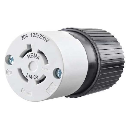 Locking Connector, L14-20R, 20 A, 125/250V AC, Single Phase, 3 Pole, Screw Terminals, Black, White MPN:71420NC