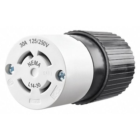 Locking Connector, L14-30R, 30 A, 125/250V AC, Three Phase, 3 Pole, Screw Terminals, Black, White MPN:71430NC