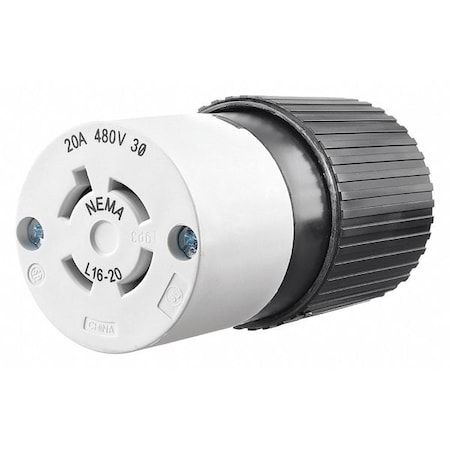 Locking Connector, L16-20R, 20 A, 480V AC, Three Phase, 3 Pole, Screw Terminals, Black, White MPN:71620NC