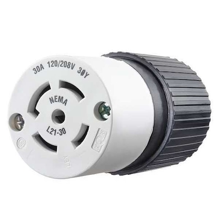Locking Connector, L21-30R, 30 A, 120/208V AC, Three Phase, 4 Pole, Screw Terminals, Black, White MPN:72130NC