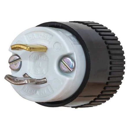 Midget Locking Plug, ML1-15P, 15 A, 125V AC, Single Phase, 2 Pole, Screw Terminals, Black, White MPN:7465N
