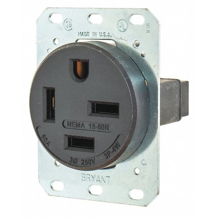 Straight Blade Receptacle, 15-60R, 60 A, 250V AC, 3 Pole, 4 Wire, Flush Mount, Grounded MPN:8460FR