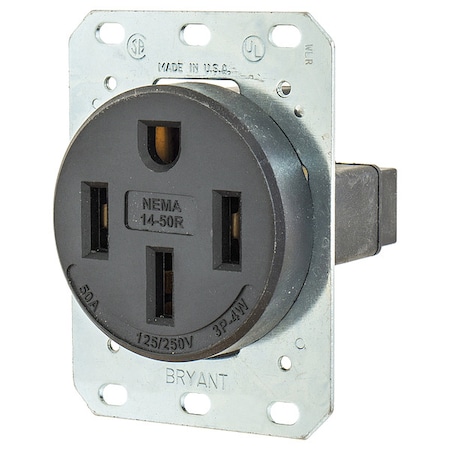 Straight Blade Receptacle, 1 Outlet, NEMA 14-50R, 50 A, 125/250V AC, 3 Poles, 4 Wires, Black MPN:9450FR